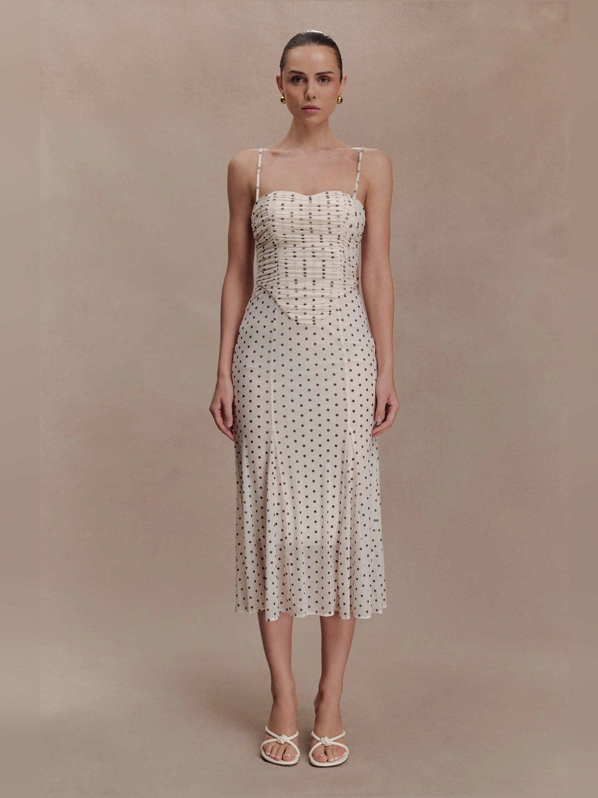 Polka-dot mesh midi formal dress with gathered neckline and layered skirt