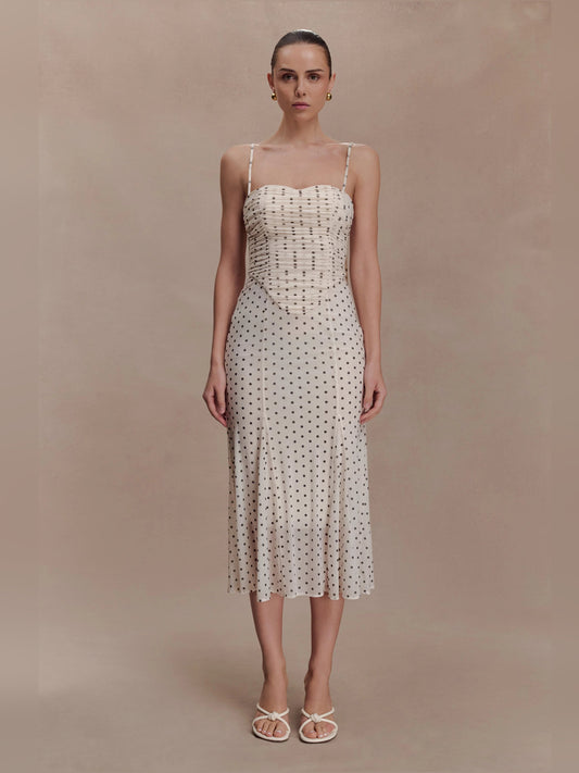 Polka-dot mesh midi formal dress with gathered neckline and layered skirt
