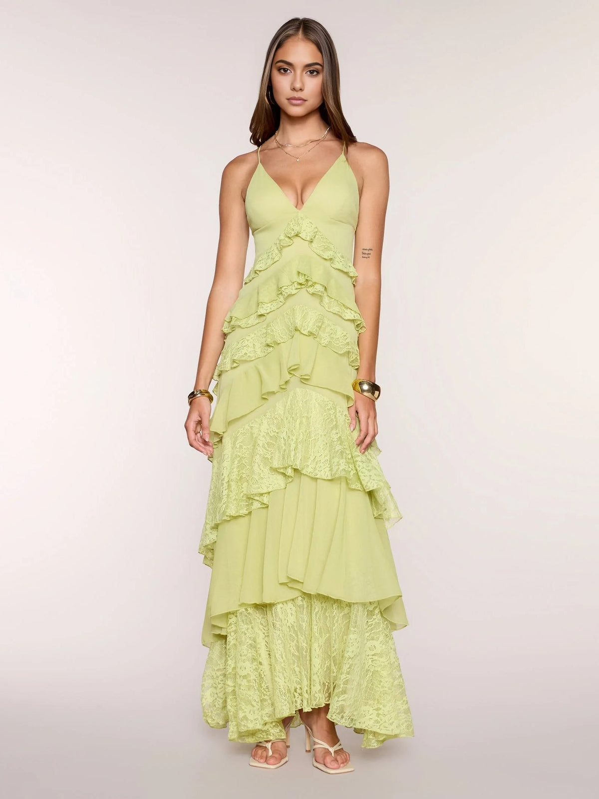 Sage green tiered ruffle V-neck maxi chiffon prom dress, front view