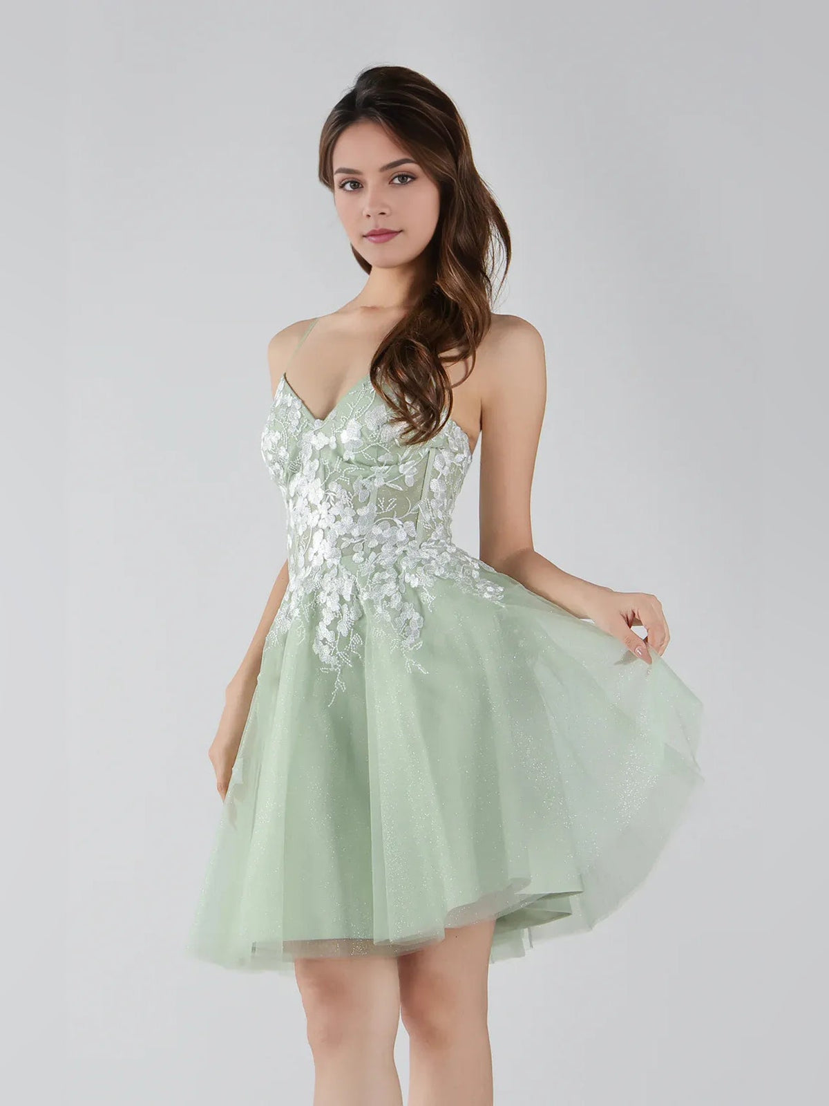 Sage green corset floral-applique V-neck A-line mini tulle dress
