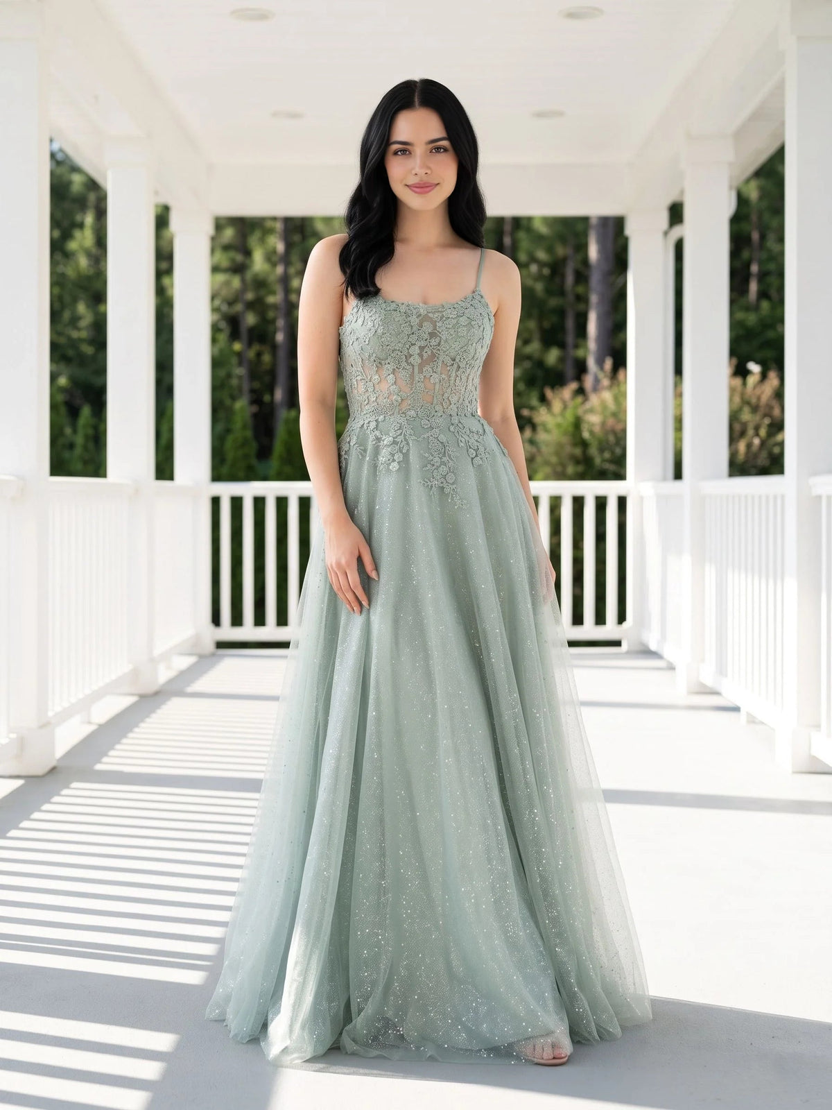Sage green glitter tulle A-line maxi prom dress with lace floral scoop neckline