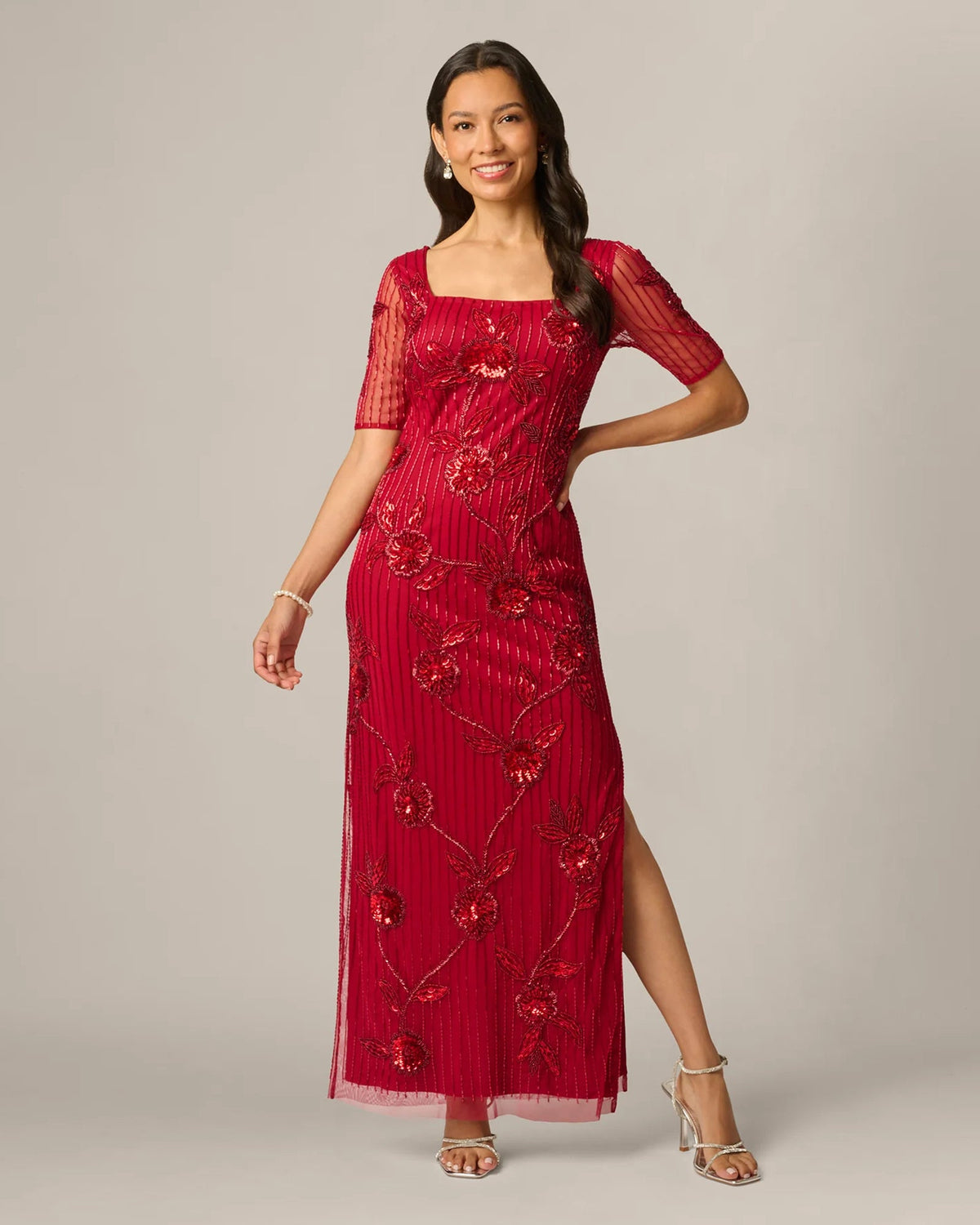Cranberry red floral sequin maxi sheath dress with illusion short sleeves and side slit