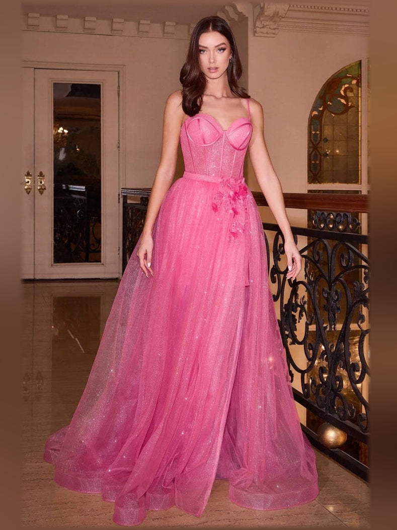 Coral pink corset formal gown with spaghetti straps, sweetheart bodice, airy tulle skirt, floral detail