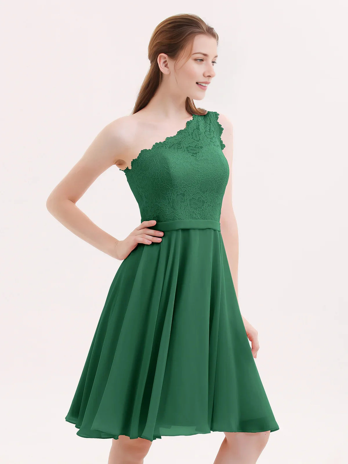Emerald green one-shoulder A-line short chiffon homecoming dress with lace bodice