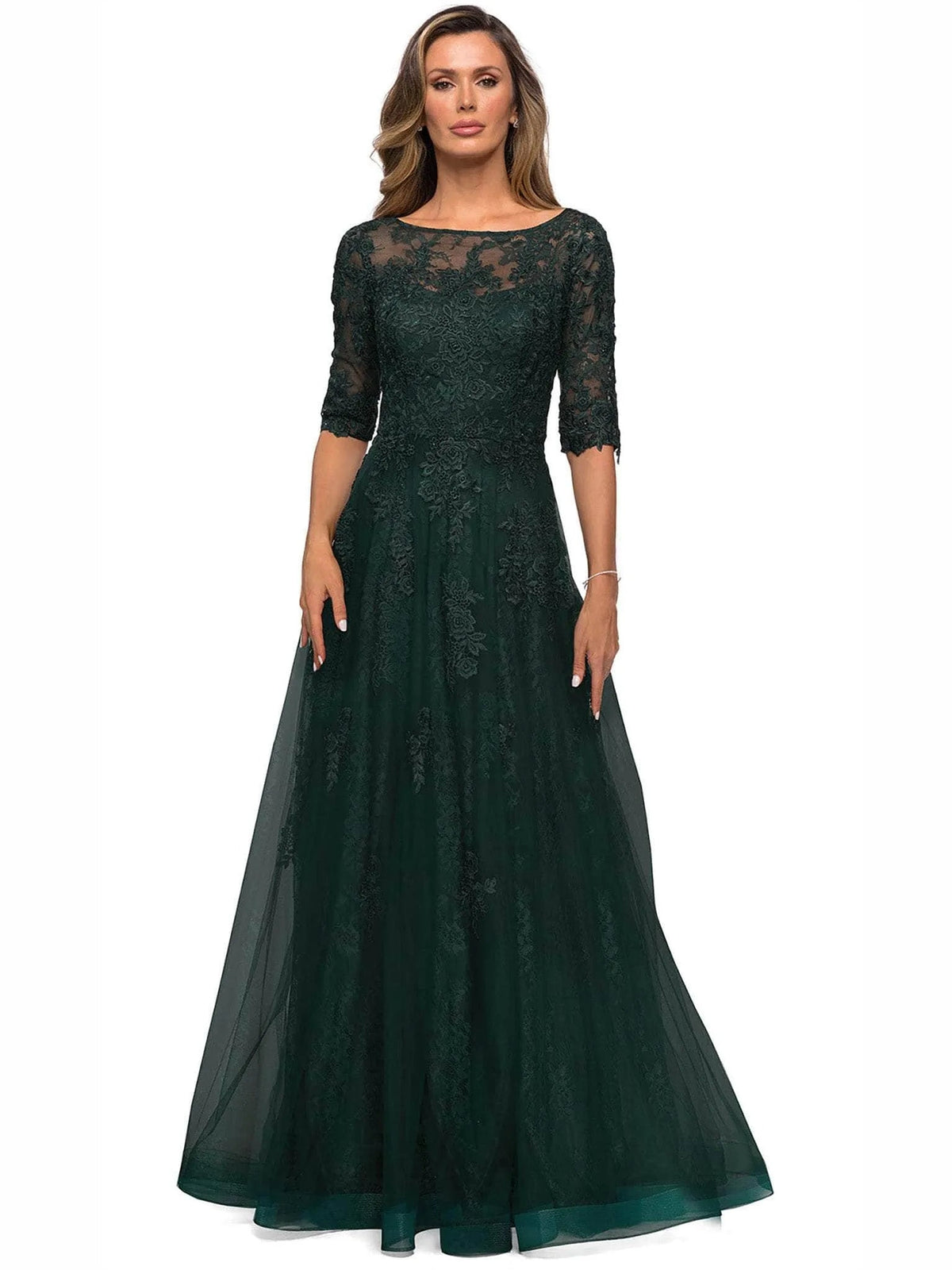 Dark green embroidered tulle A-line dress with bateau neck and 3/4 sleeves