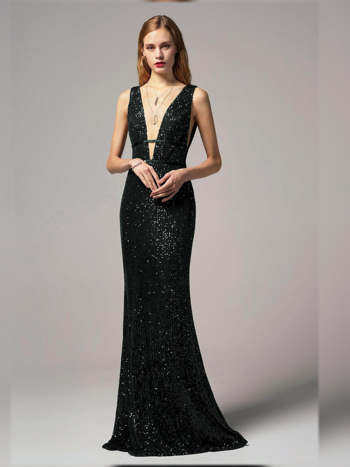 Black beaded sheath formal dress with open back, V-neck, floor-length