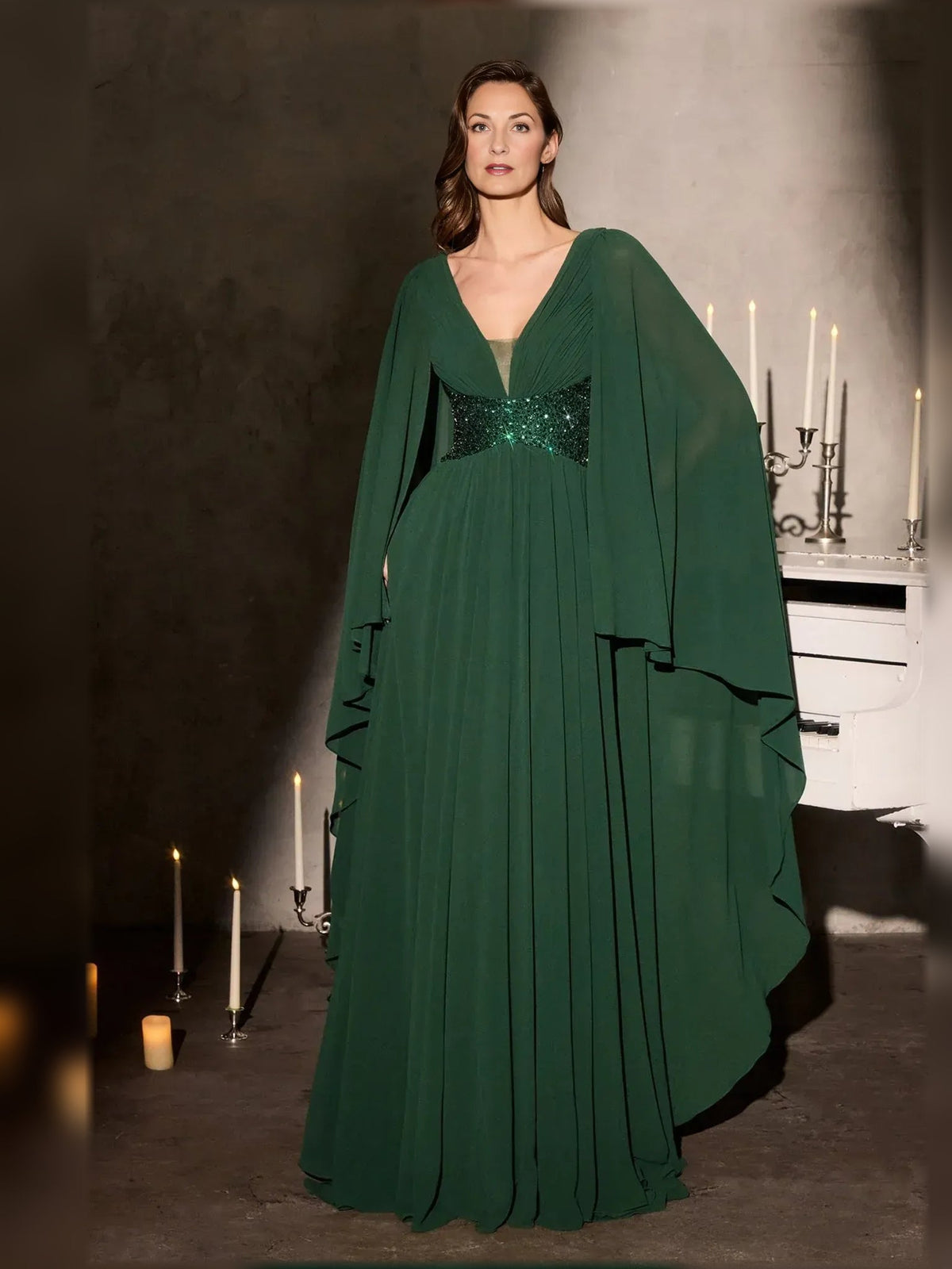 Dark green chiffon V-neck A-line floor dress with pleated skirt and draped sleeves