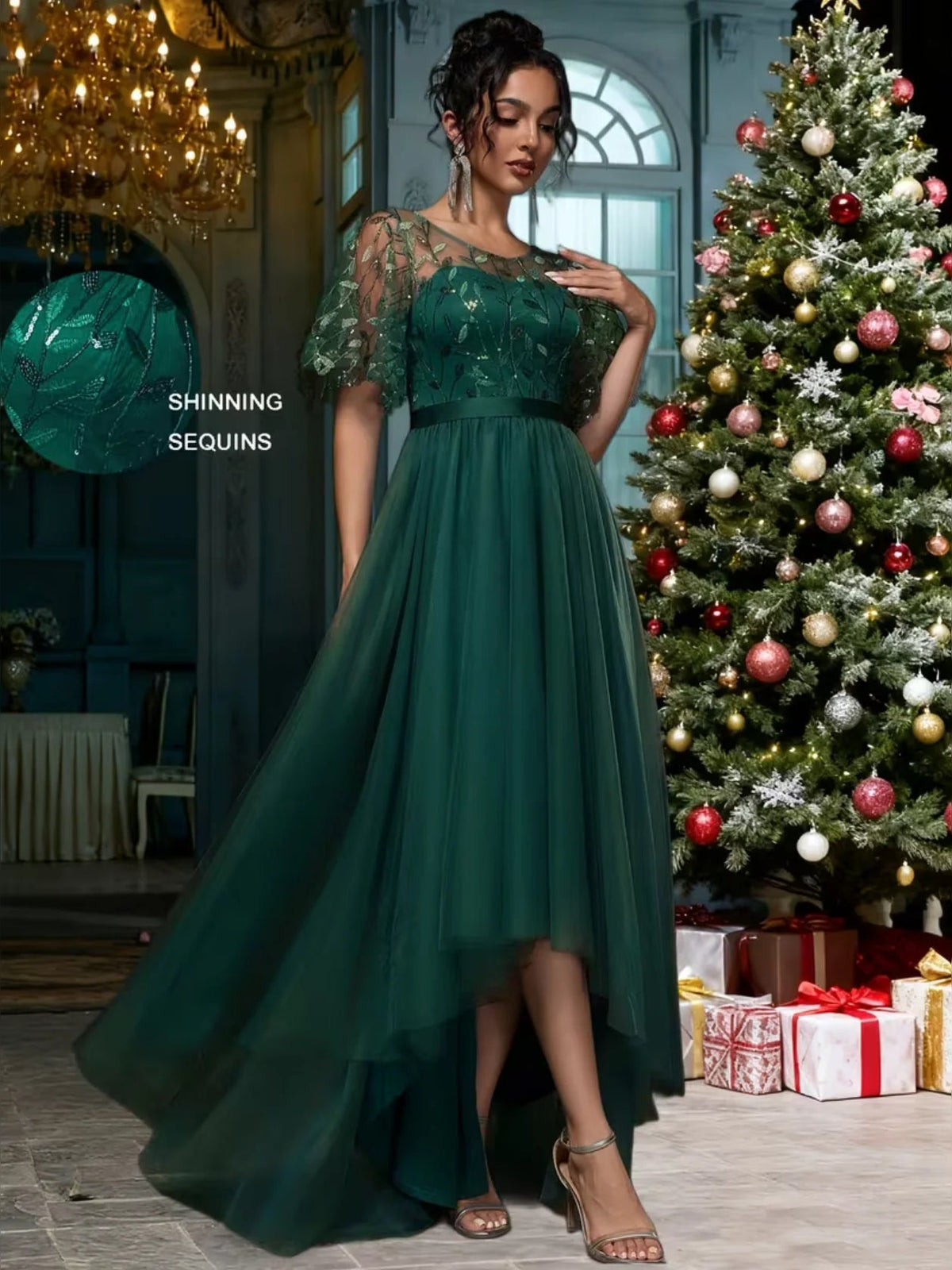 Dark green sequin maxi prom dress with sheer short sleeves and A-line skirt