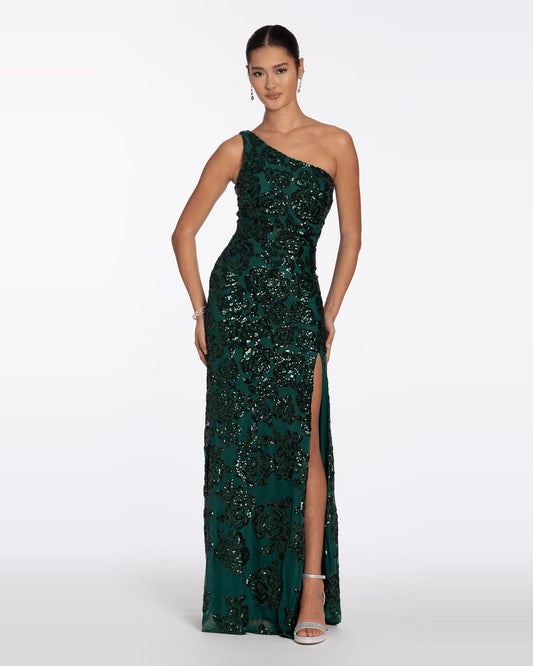 Dark green sequin one-shoulder column maxi dress with asymmetrical neckline and slit