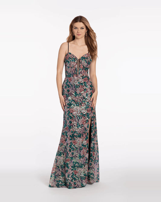 Green sequin column maxi prom dress with plunging neckline and floor-length hem