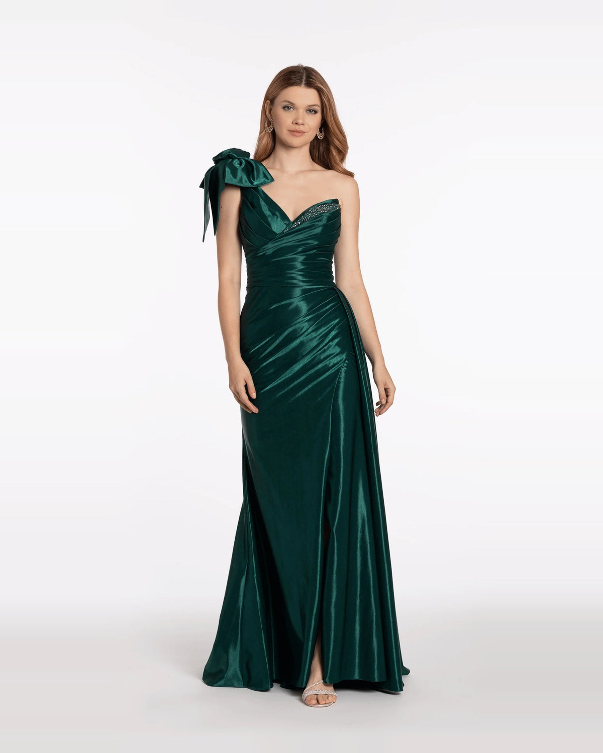 Dark green satin asymmetrical trumpet maxi dress with bow shoulder and cascading skirt pleats
