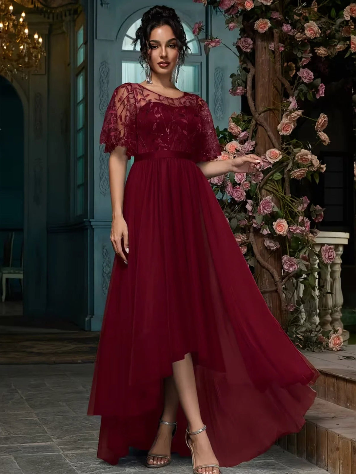 Burgundy embroidered maxi prom dress with short sleeves and A-line skirt