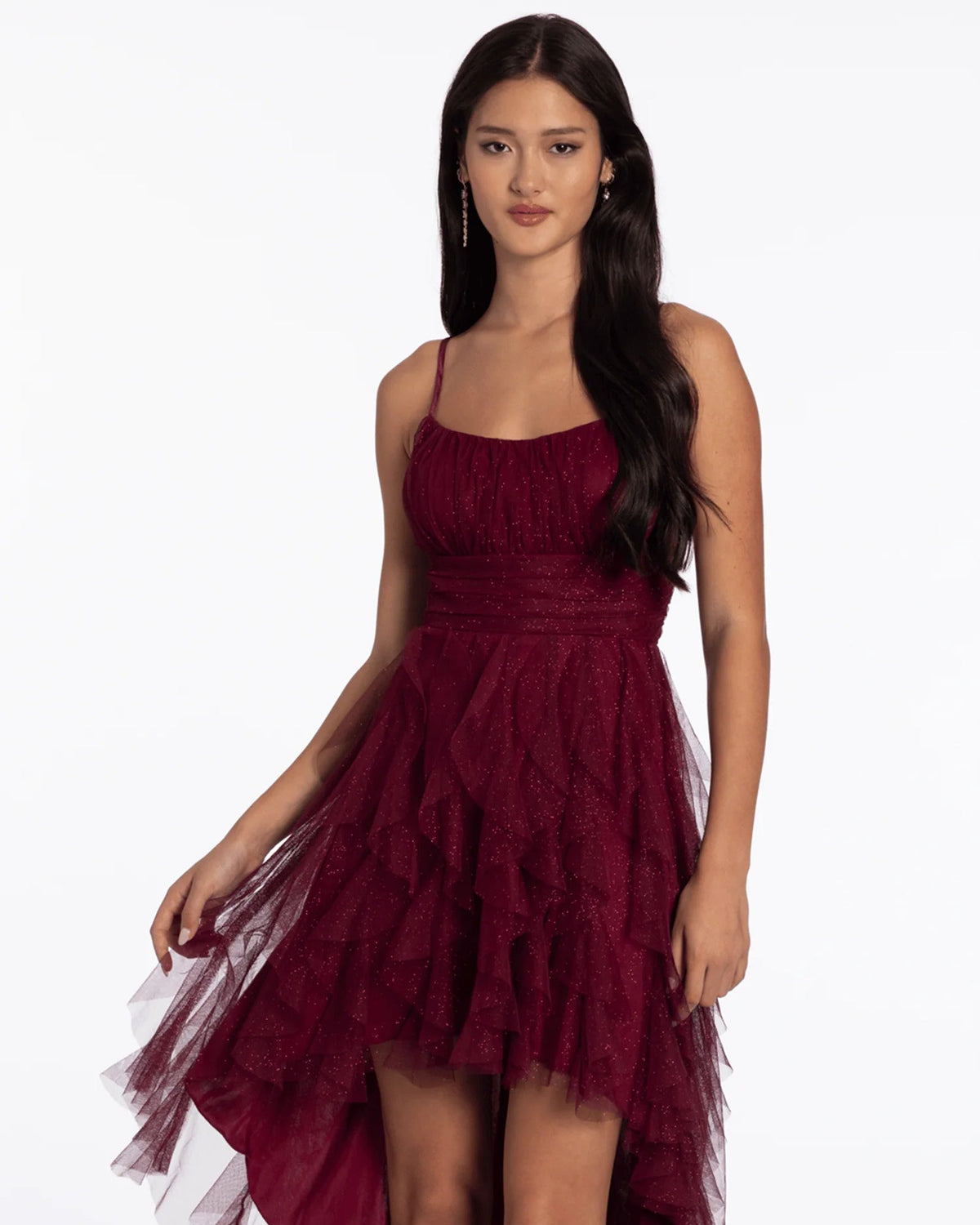 Wine lace-detail A-line high-low dress with spaghetti straps and layered tulle hem