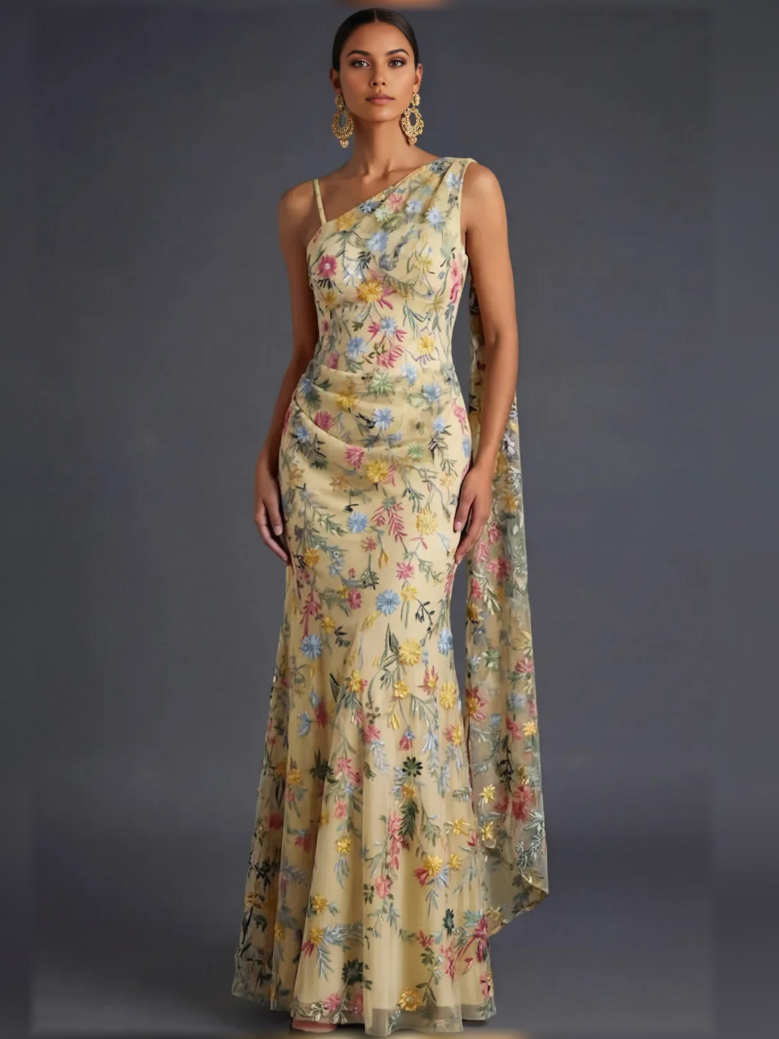 Floral print one-shoulder formal dress, open back, pale light-blue base with colorful flowers