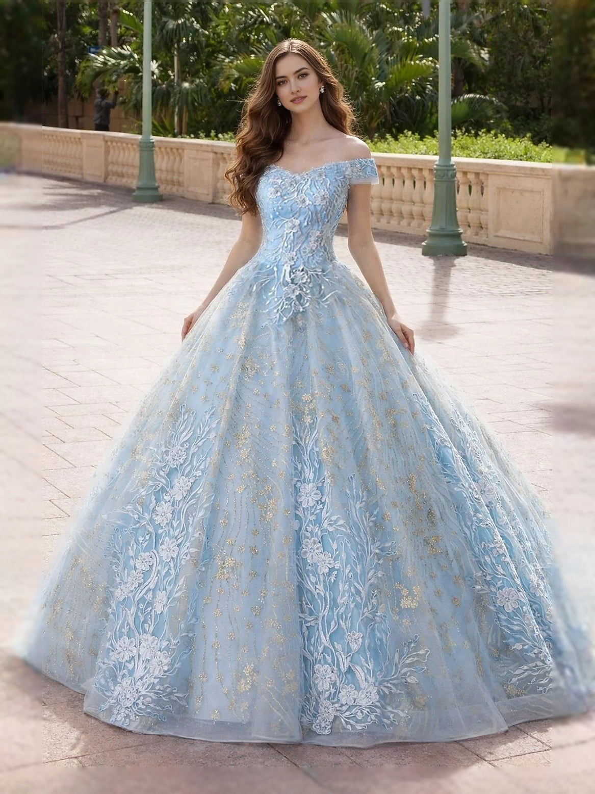 Light blue off-shoulder embroidered tulle ball gown with full skirt, floor length