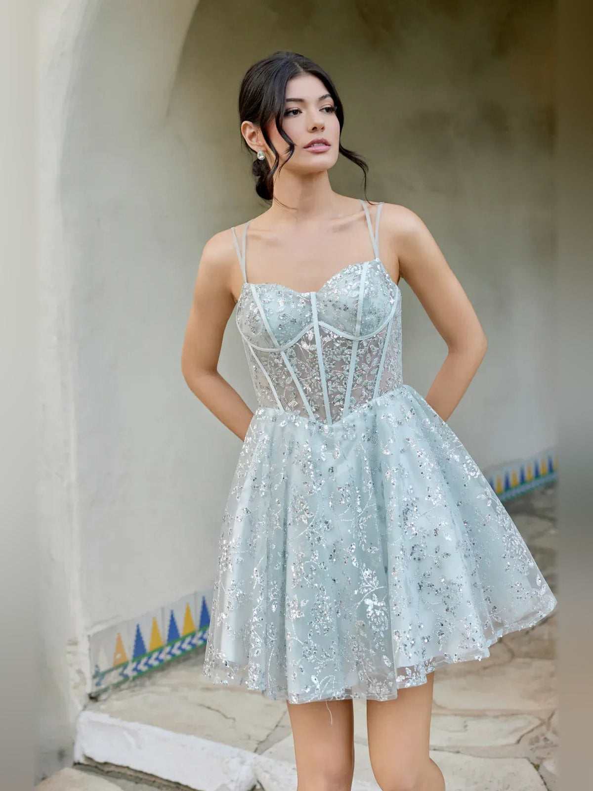 Sky-blue sequin corset A-line mini dress, square neckline, floral pattern