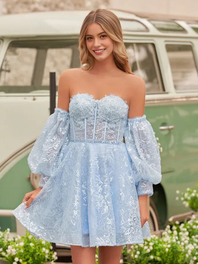 Light blue floral corset sweetheart mini dress with off-shoulder neckline and puff sleeves