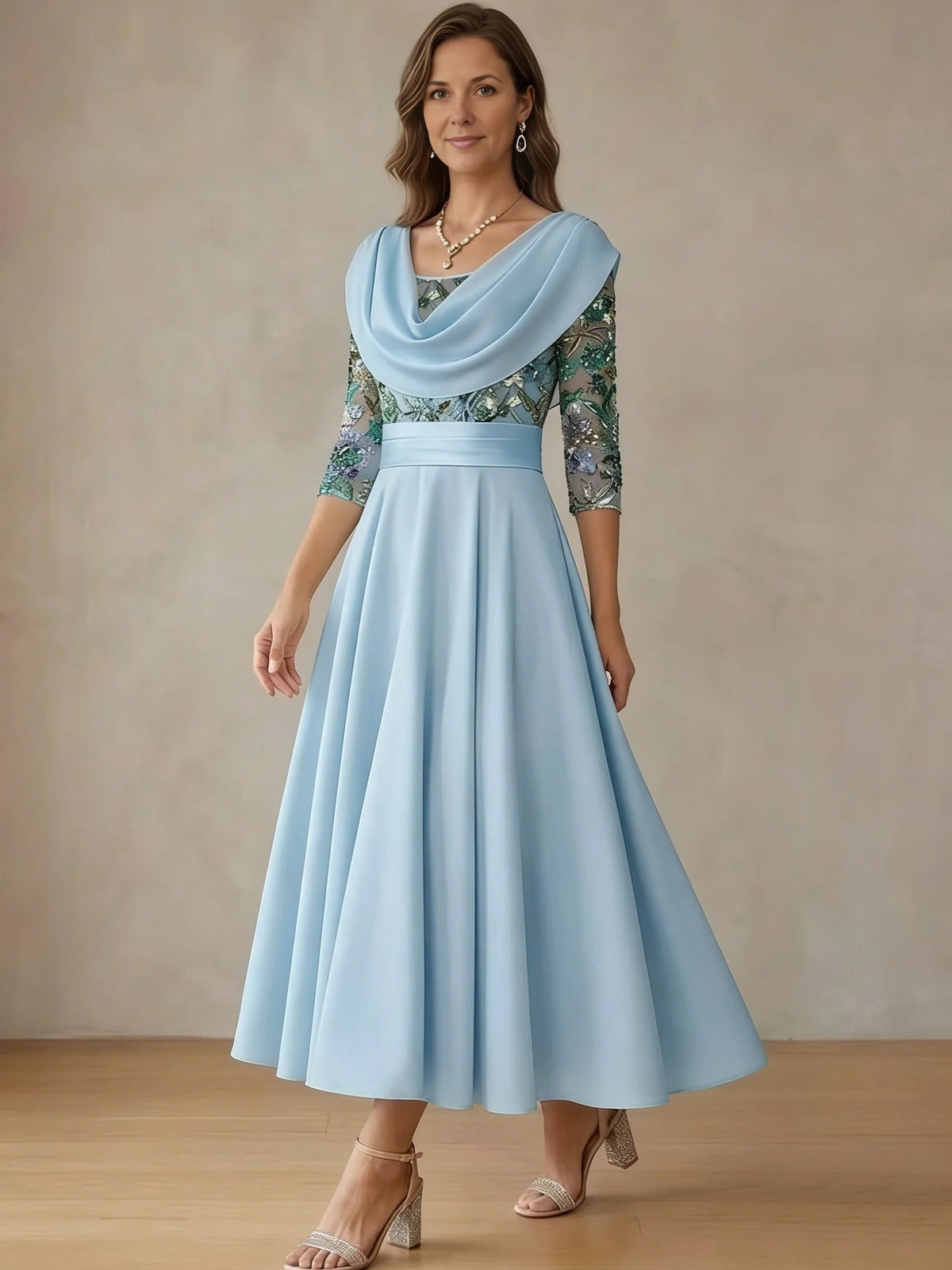 Sky blue satin A-line midi dress with cowl neck, fitted waist, and embroidered floral sleeves