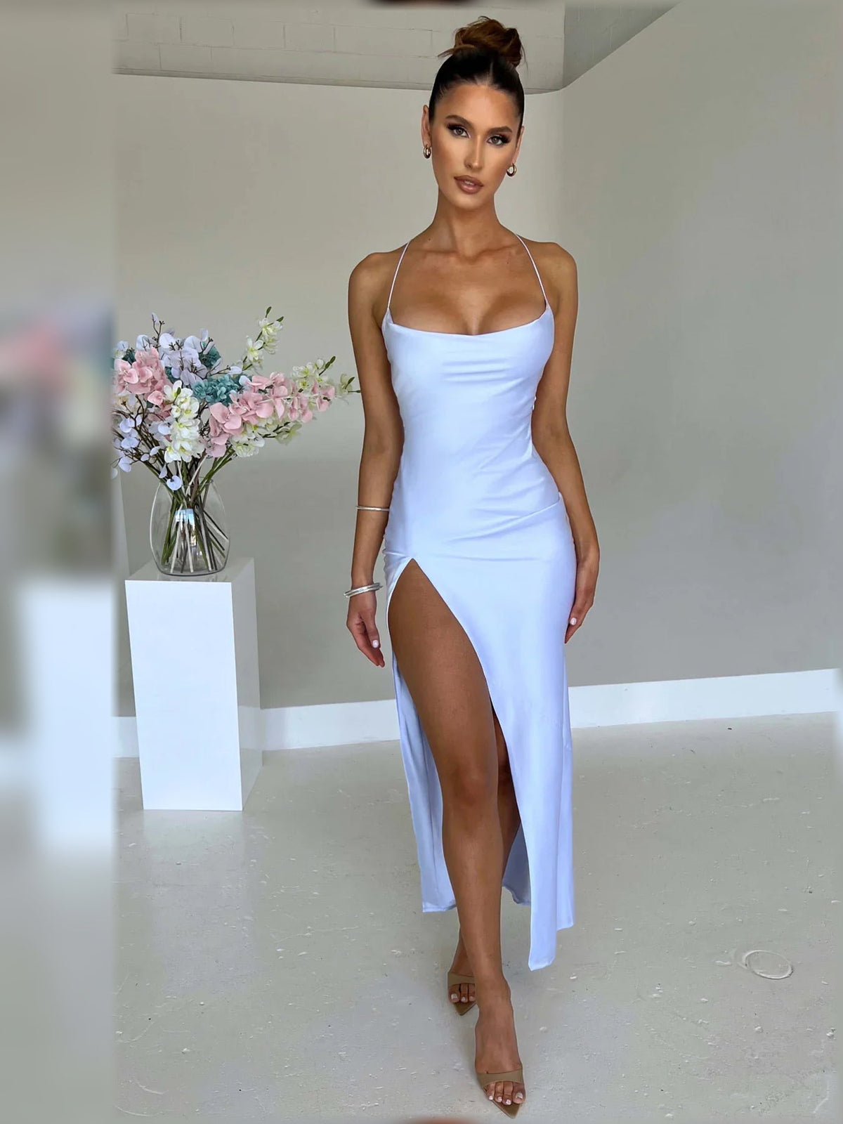 Light blue square-neck formal dress with side slit, floor-length fitted silhouette