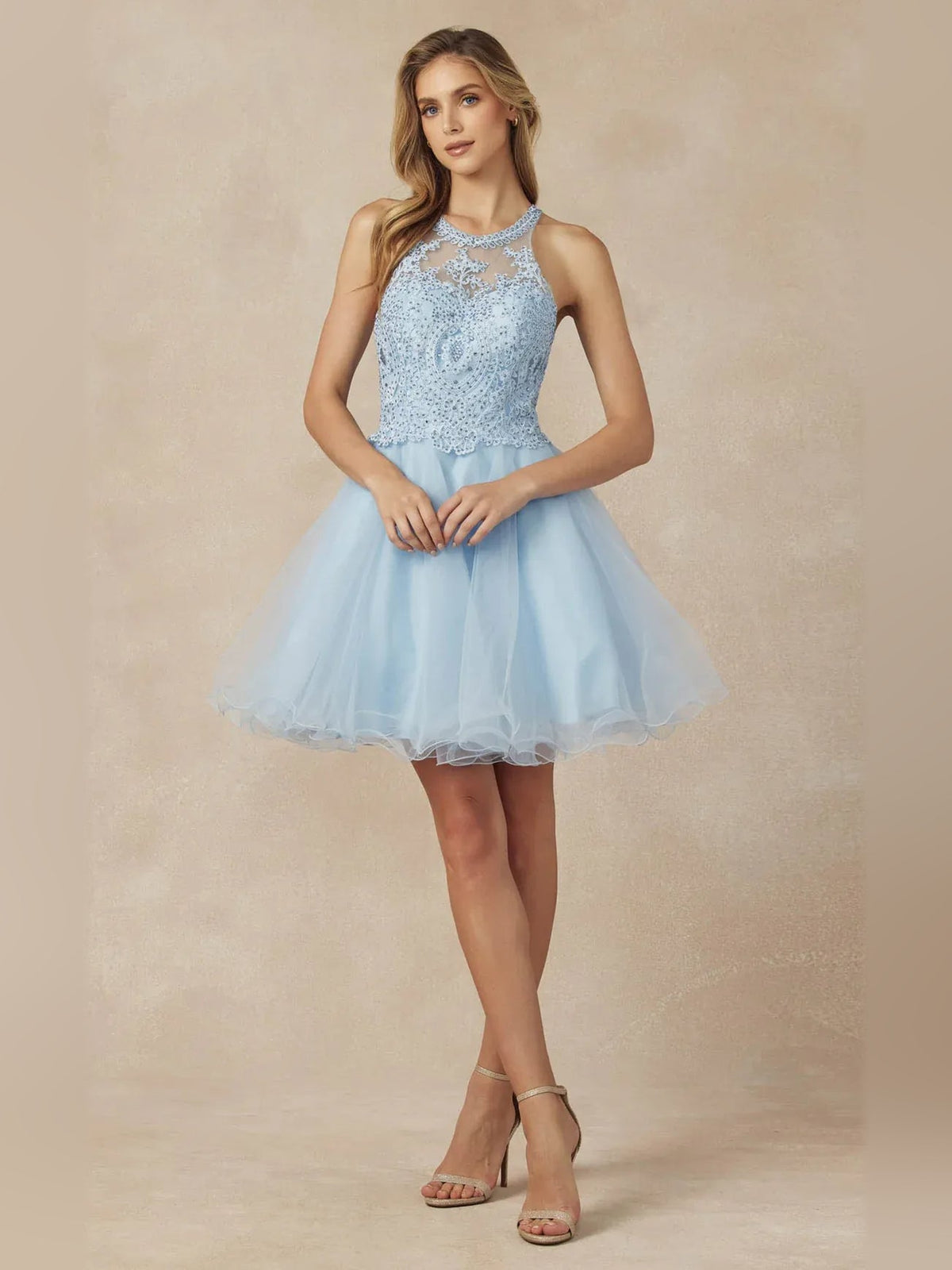 Light blue beaded halter A-line short tulle dress with fitted jeweled top