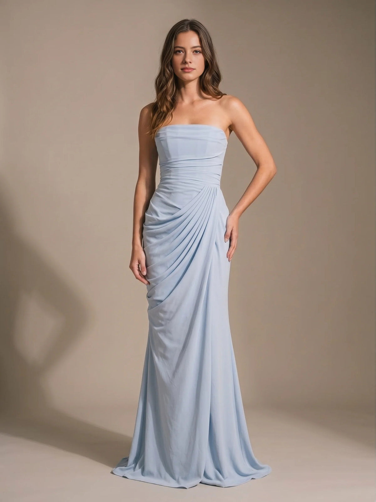 Light blue strapless mermaid maxi dress with ruched draped bodice and front slit