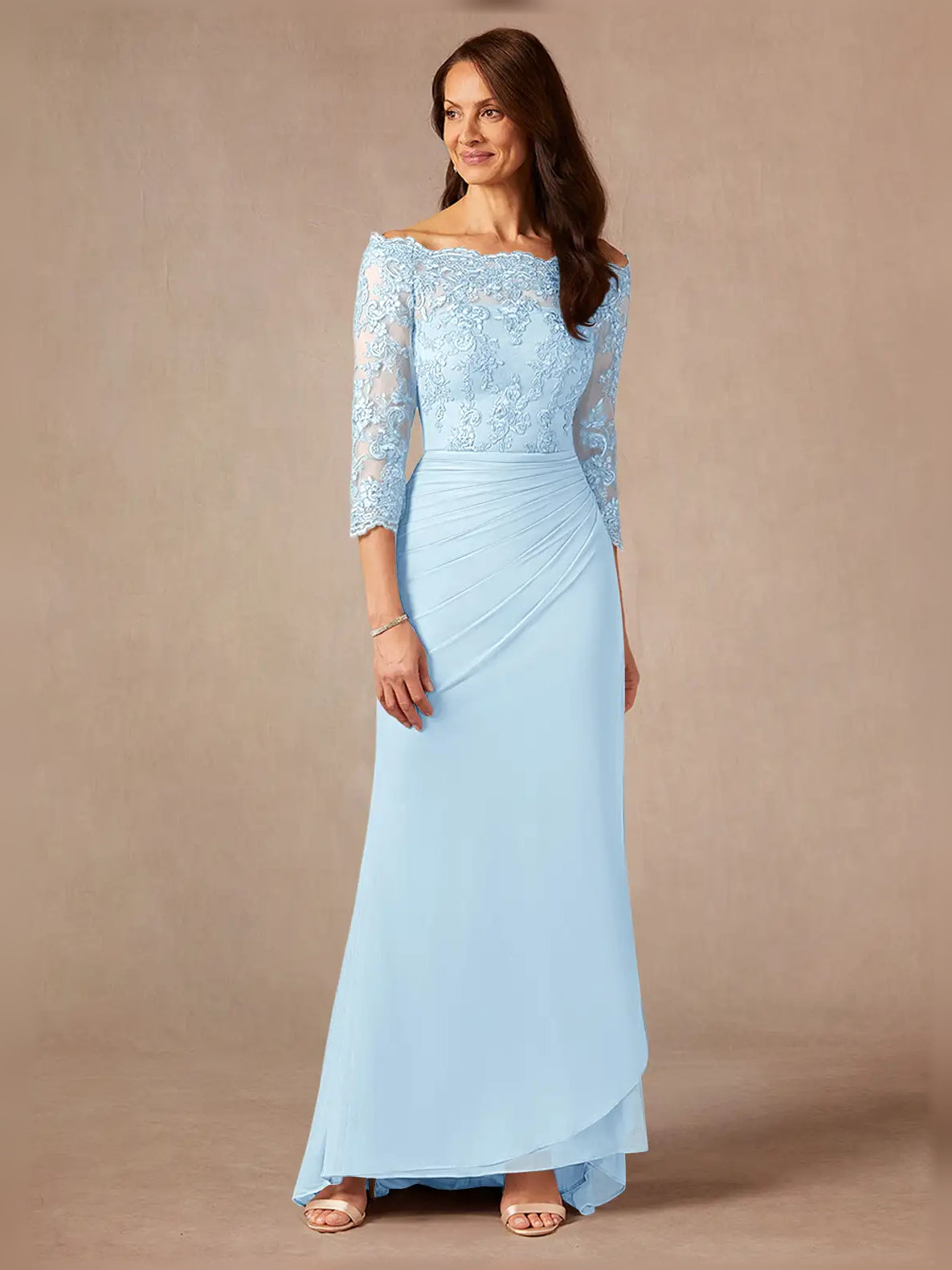 Sky blue ruched off-shoulder lace sheath maxi dress with 3/4 sleeves