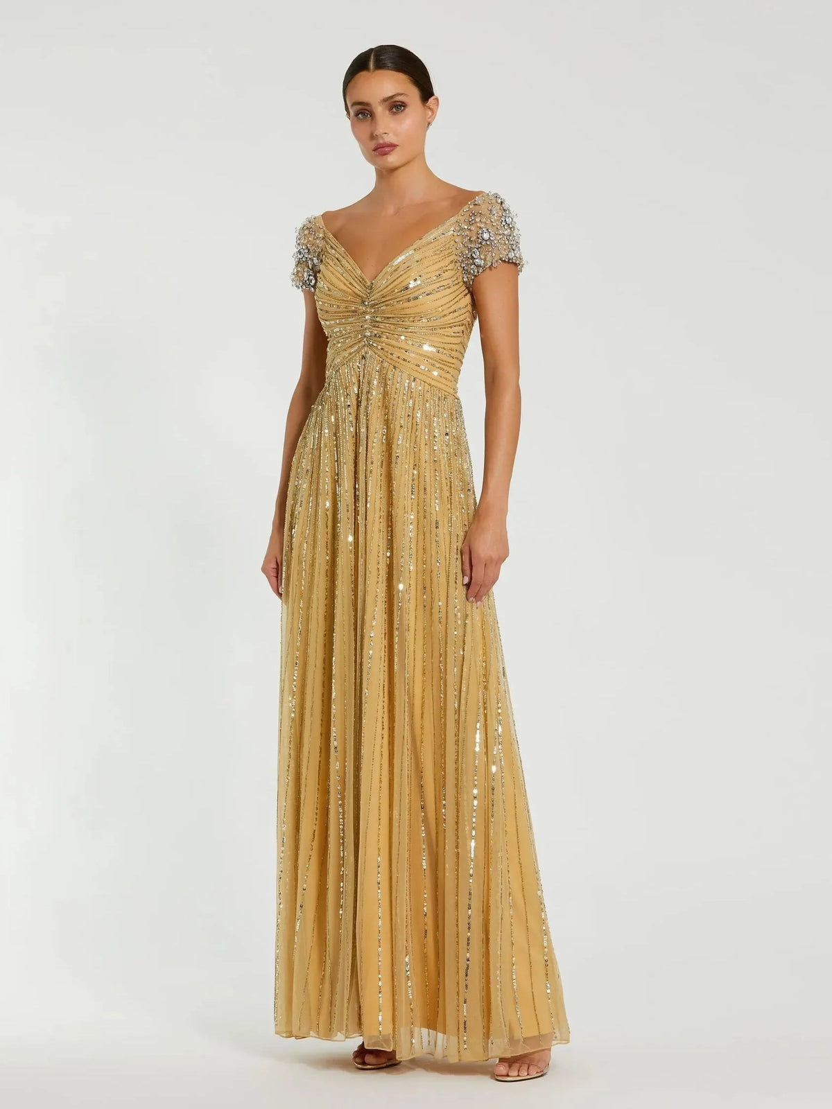 Gold beaded formal dress with V-neck and cap sleeves, floor-length