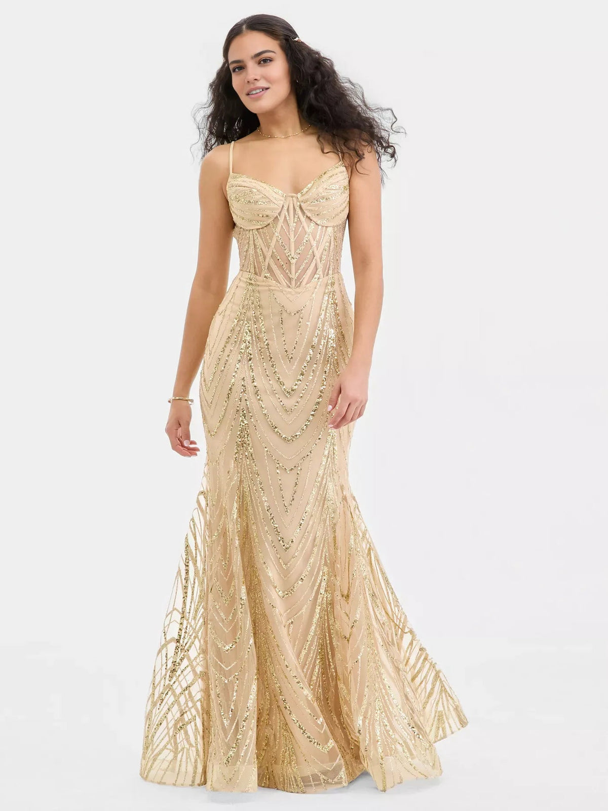 Gold sequin mermaid maxi prom dress with sweetheart corset bodice and draped details