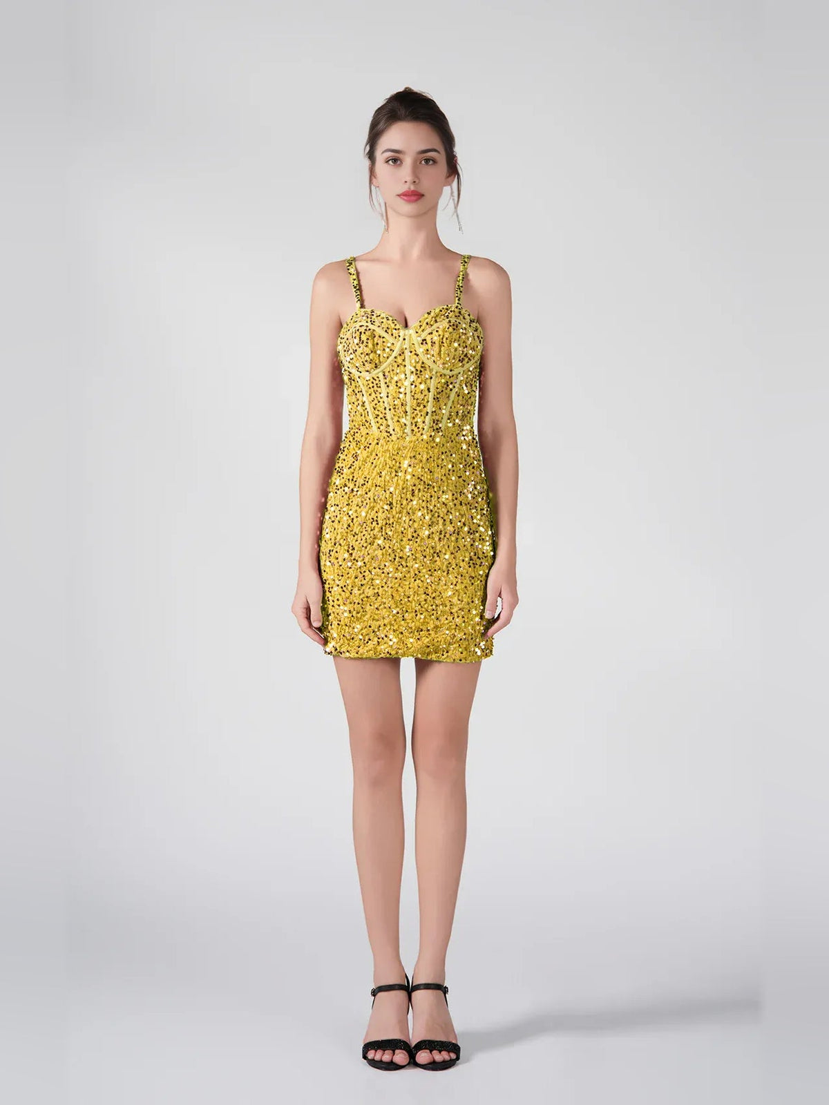 Yellow sequin mini dress with sweetheart corset bodice and thin spaghetti straps