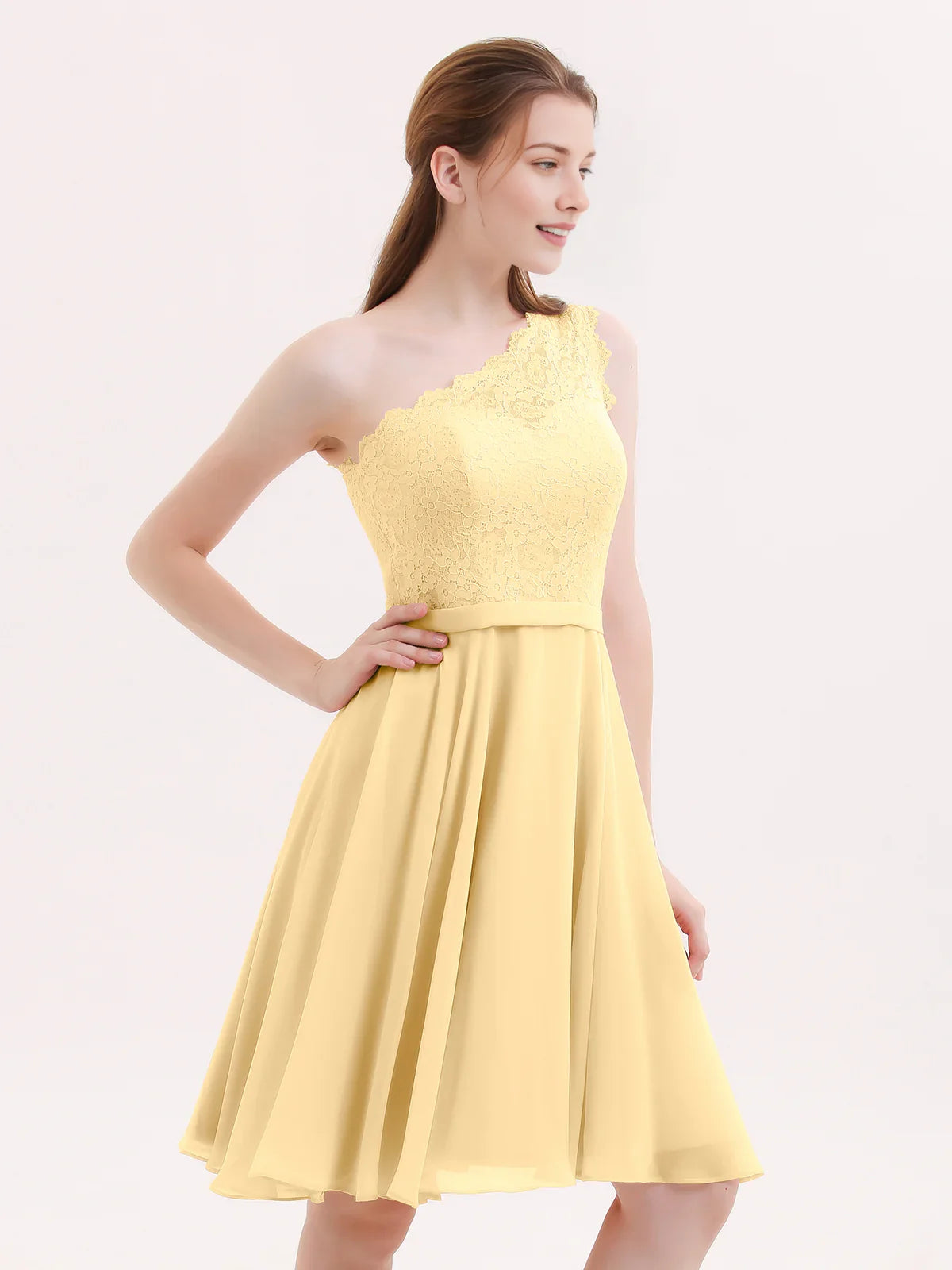 One-shoulder A-line short chiffon homecoming dress in pale yellow, lace-textured bodice