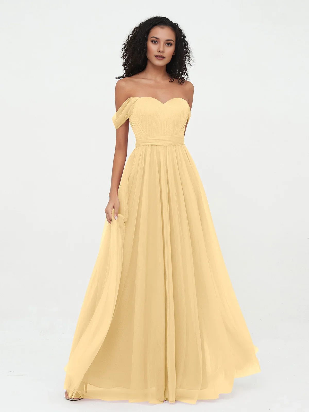 Light yellow sweetheart off-shoulder pleated A-line tulle bridesmaid dress