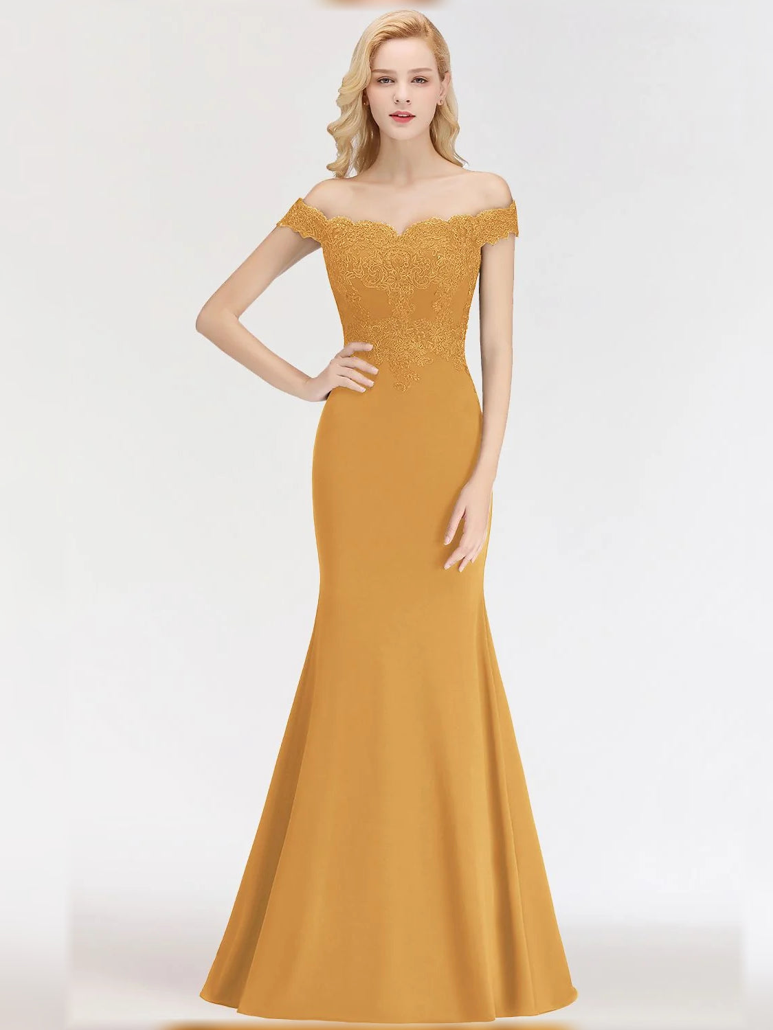 Off-shoulder mermaid dress, gold satin with lace bodice and scalloped neckline