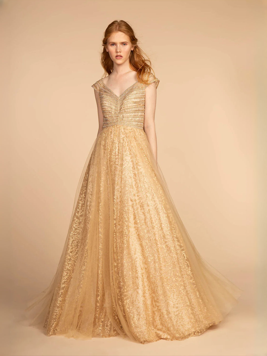 Gold glitter V-neck A-line tulle prom dress with beaded neckline