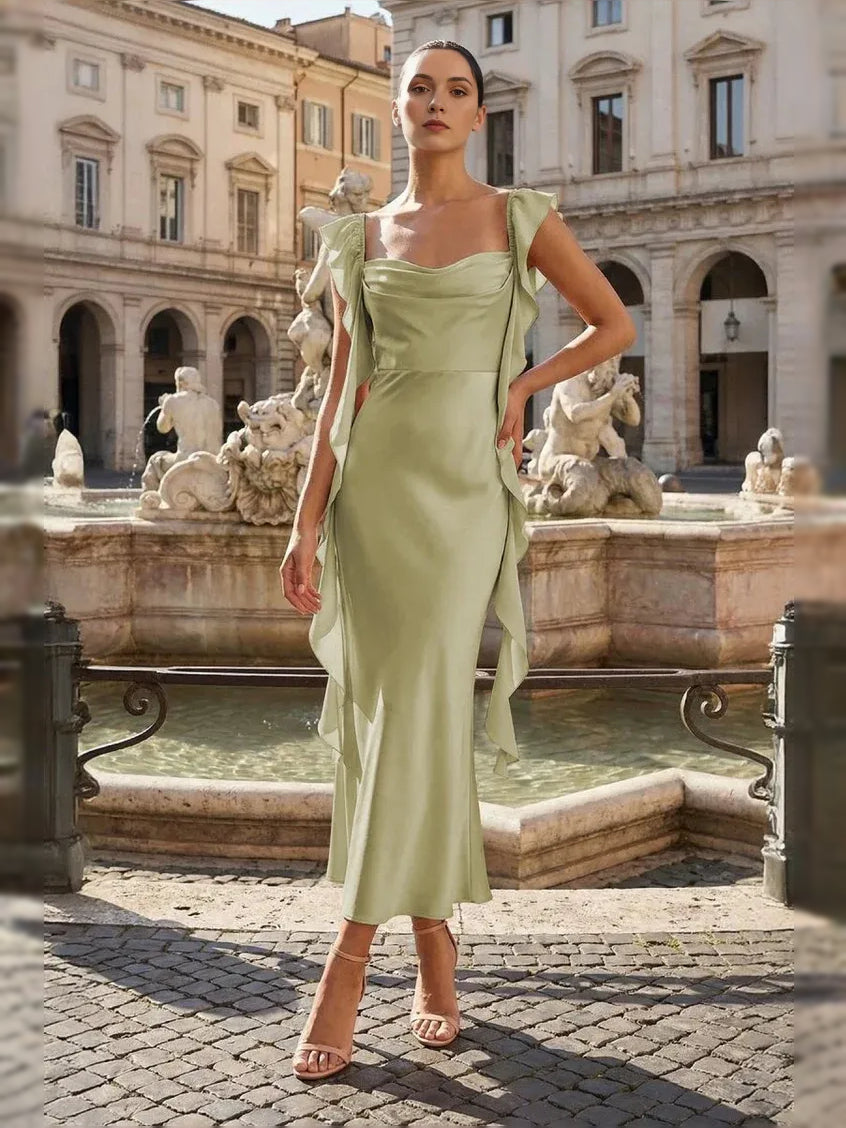 Sage green satin column midi prom dress with ruffled cowl neckline