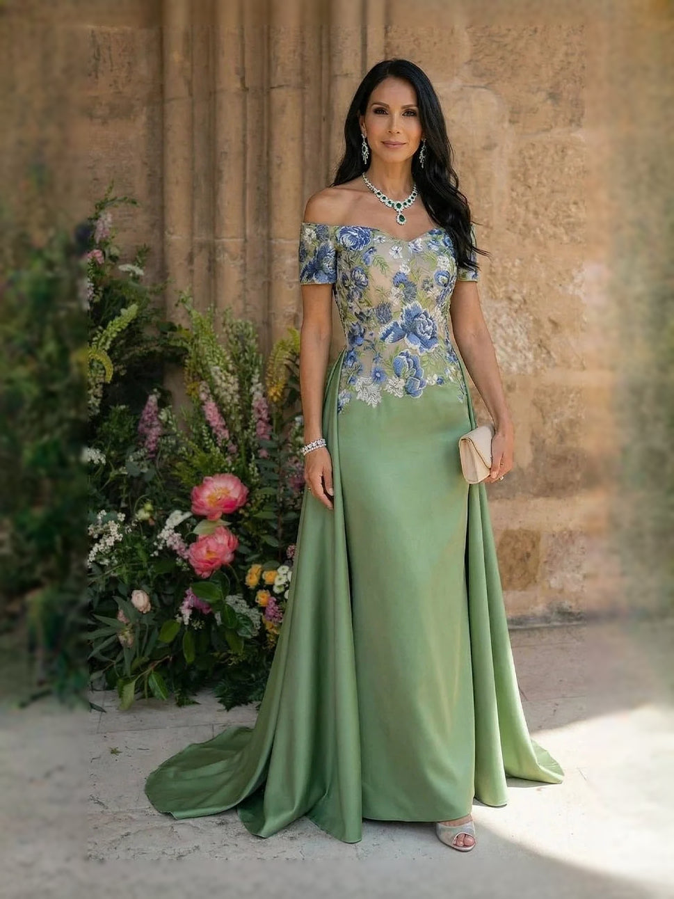 Sage green embroidered satin sheath gown with sweetheart neckline and blue floral bodice