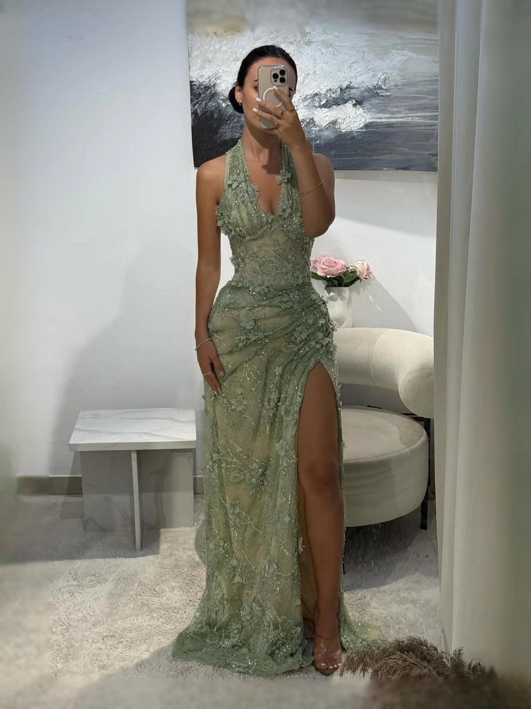Sage green floral halter mermaid maxi prom dress with thigh-high slit and fitted silhouette