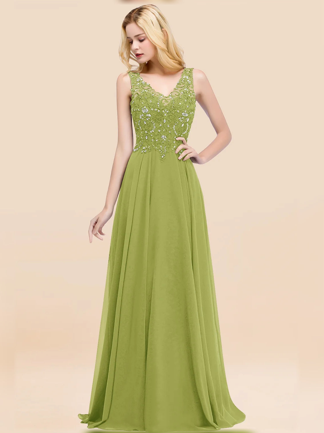 Sage green V-neck A-line chiffon bridesmaid dress with lace bodice, sleeveless