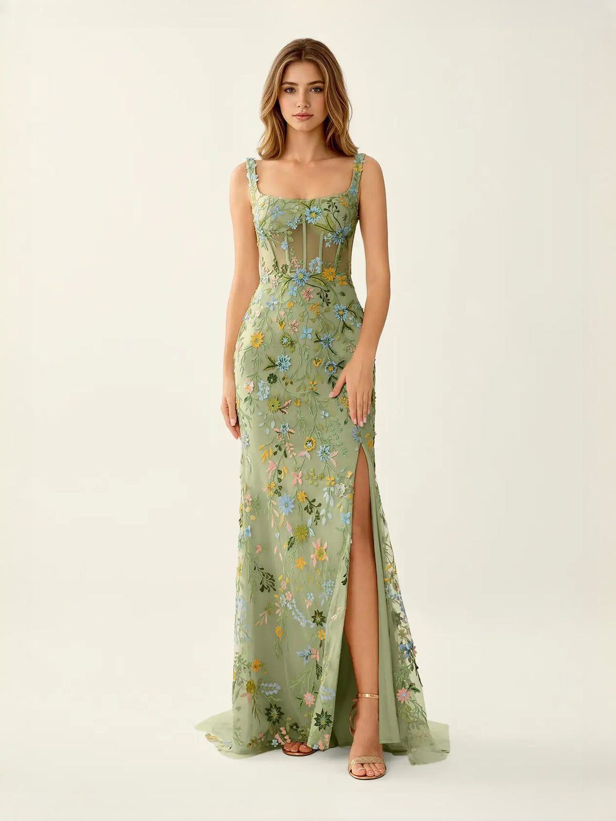 Sage green floral embroidered corset mermaid maxi dress with square neck and front slit