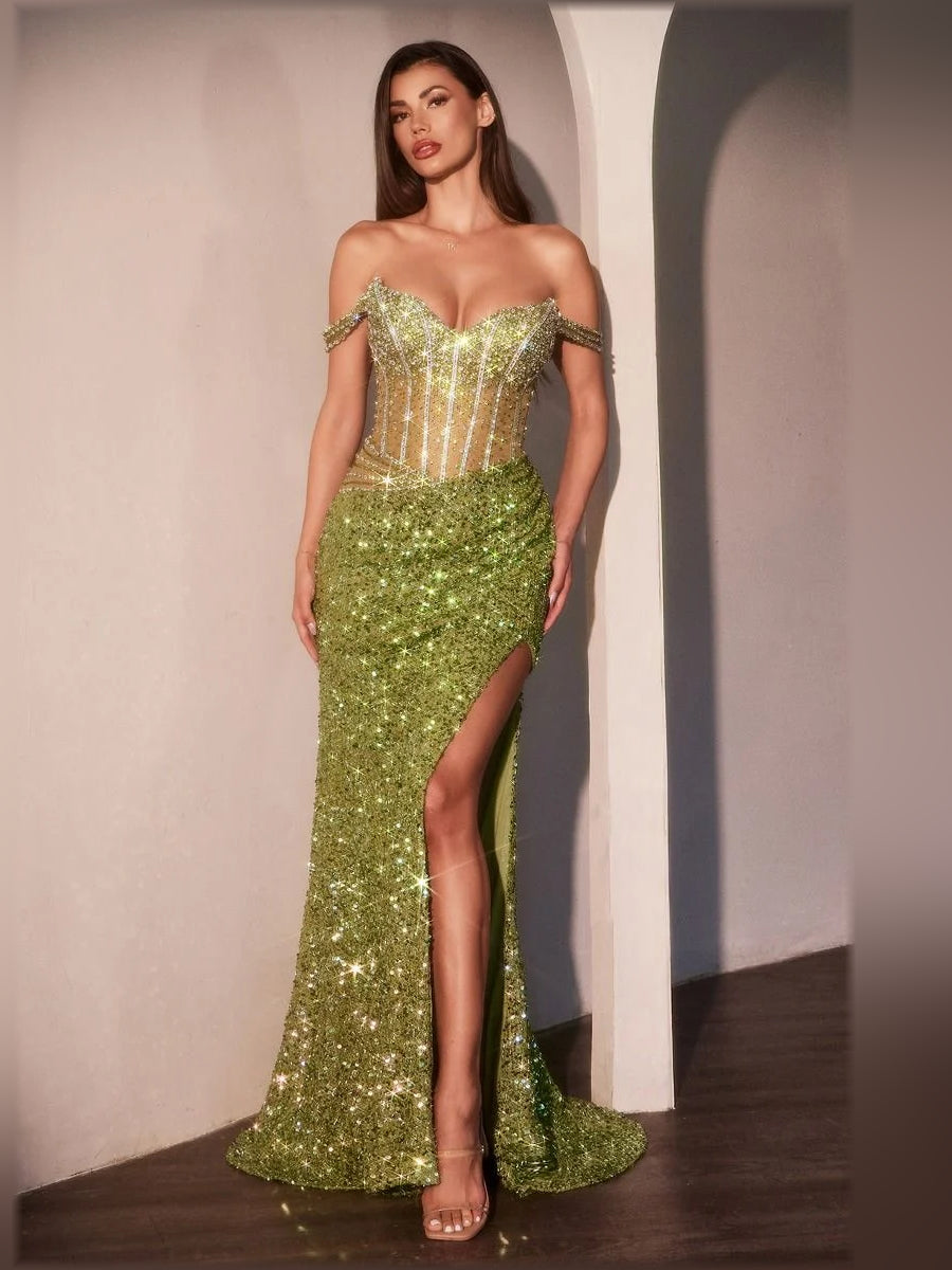 Green off-shoulder corset sequin gown with side slit, floor-length