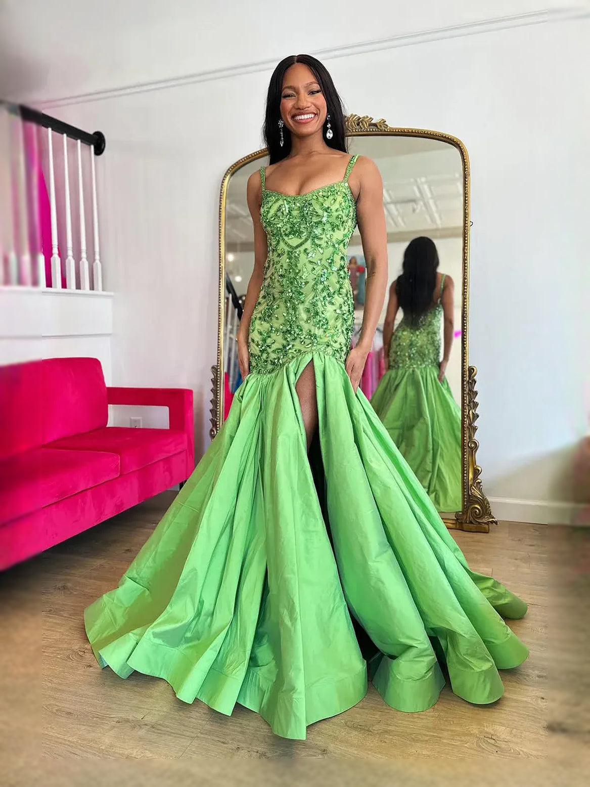 Lime green V-neck mermaid prom dress with beaded floral bodice and flowing layered hem