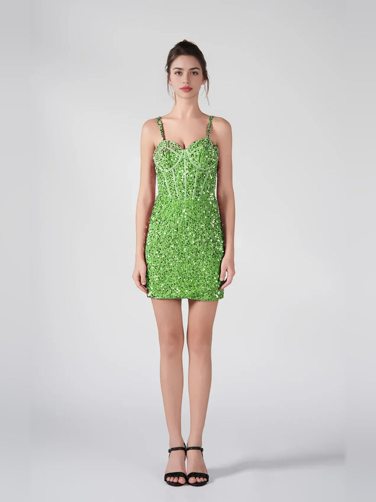 Neon green sequin corset sweetheart mini dress with thin spaghetti straps, bodycon fit