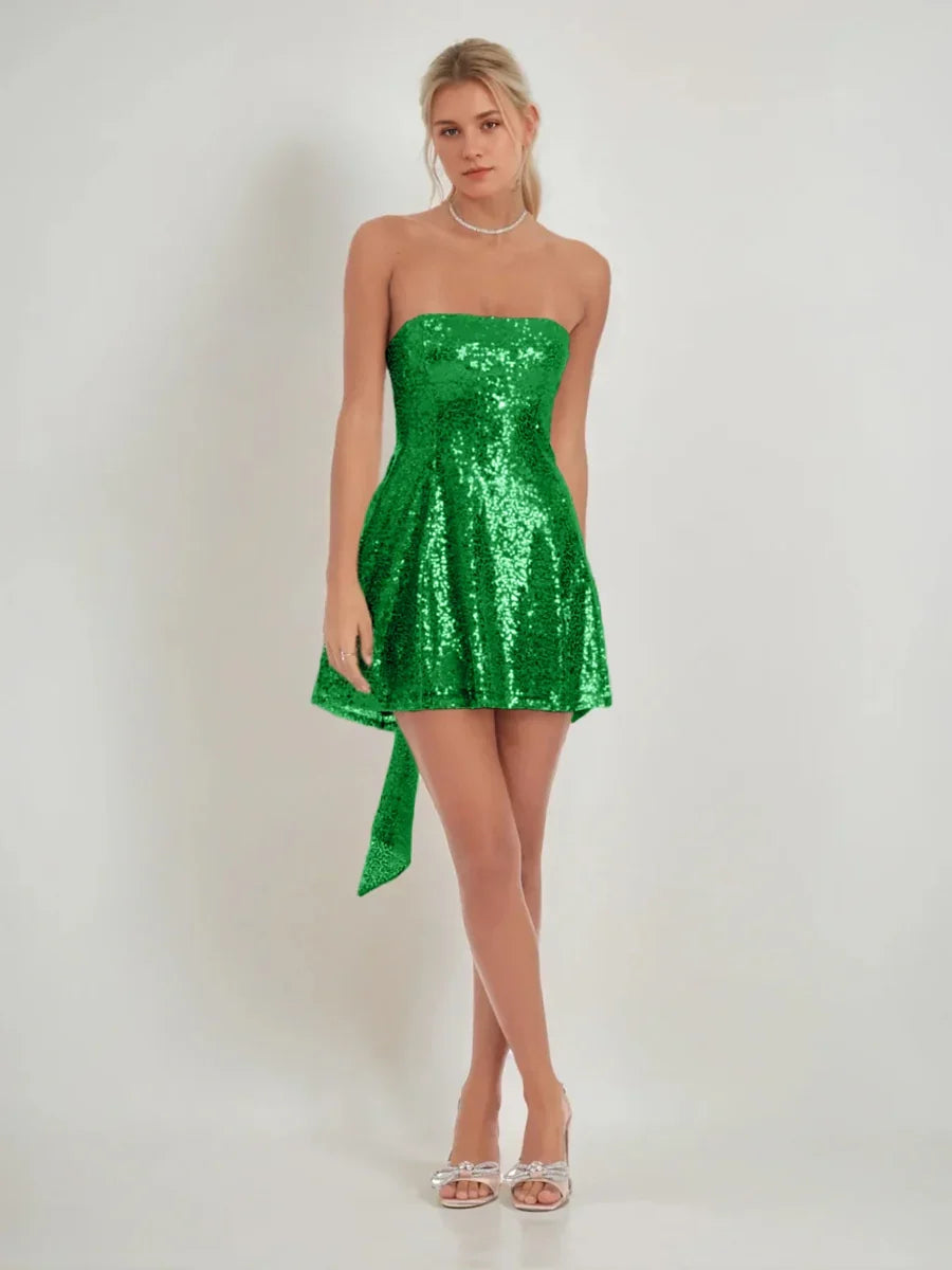 Bow sequin strapless A-line mini homecoming dress, green shimmer with side bow
