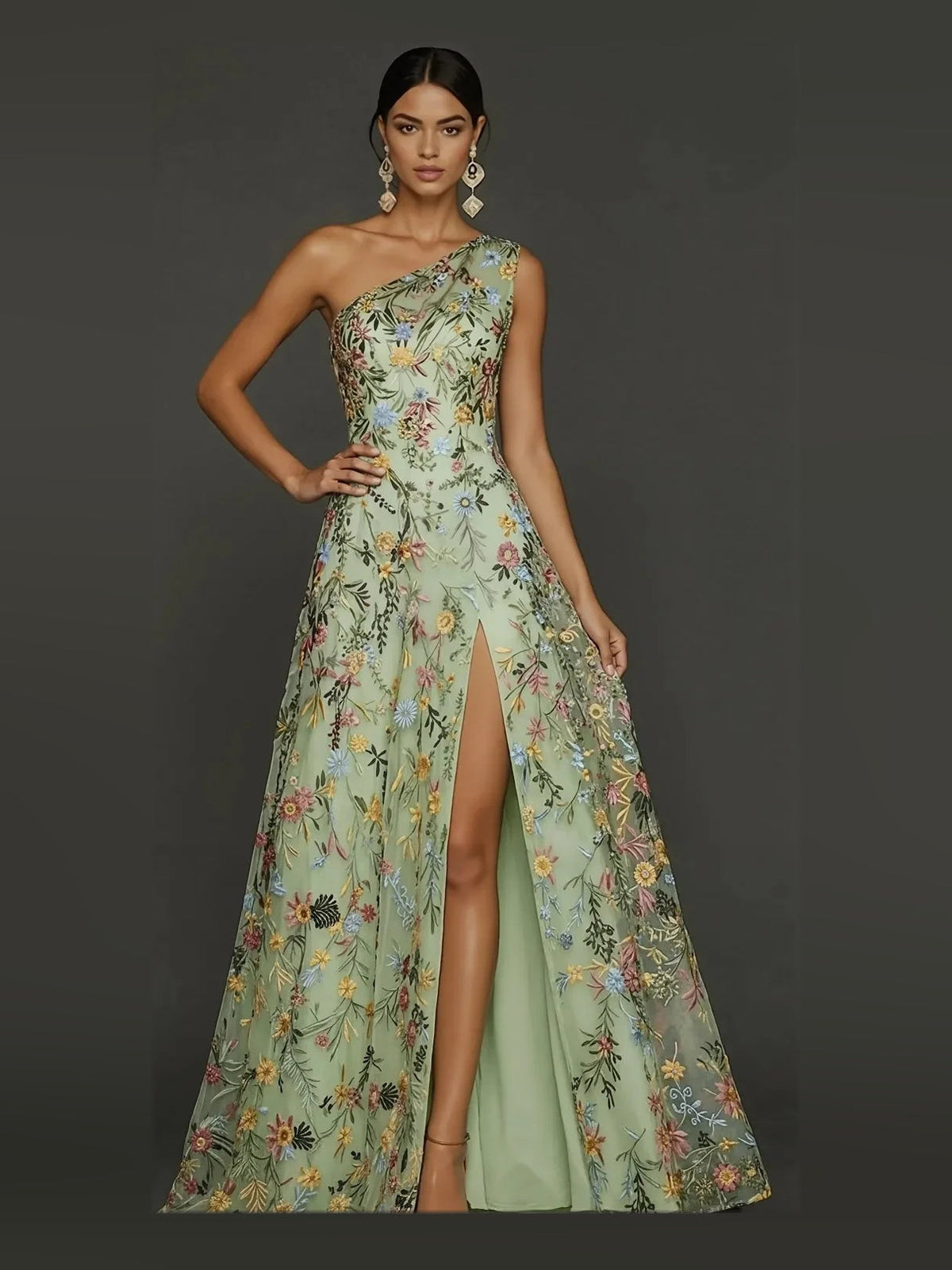 One-shoulder embroidered floral tulle prom dress with front slit, A-line, green