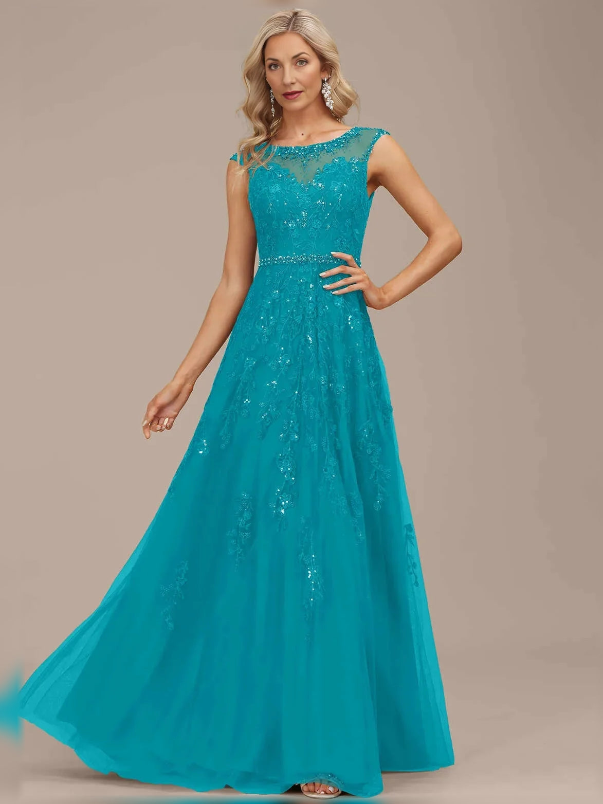 Jade teal sleeveless A-line maxi tulle dress with illusion neckline and beaded floral embroidery