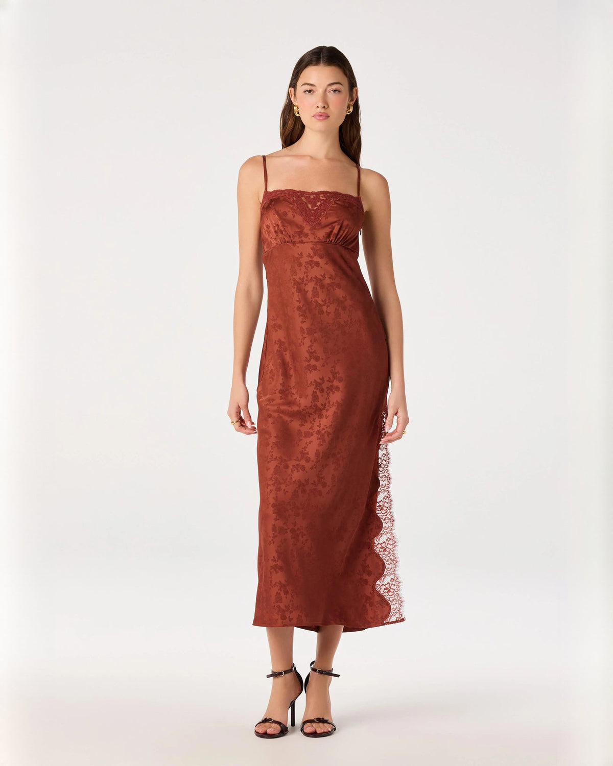 Wine red sleeveless A-line maxi dress with lace-trim side slit and mesh overlay.