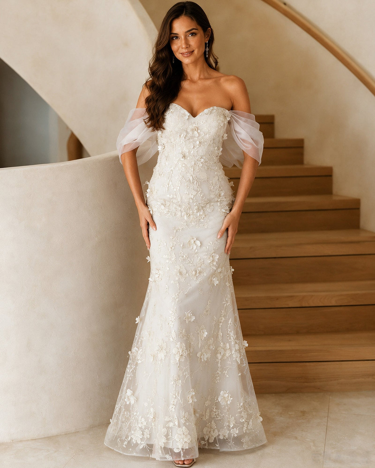 Ivory off-shoulder lace mermaid prom dress with sweetheart neckline and 3D floral appliques