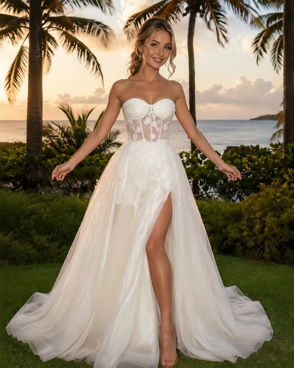 Strapless ivory tulle A-line prom dress with corset bodice, floral applique, thigh slit