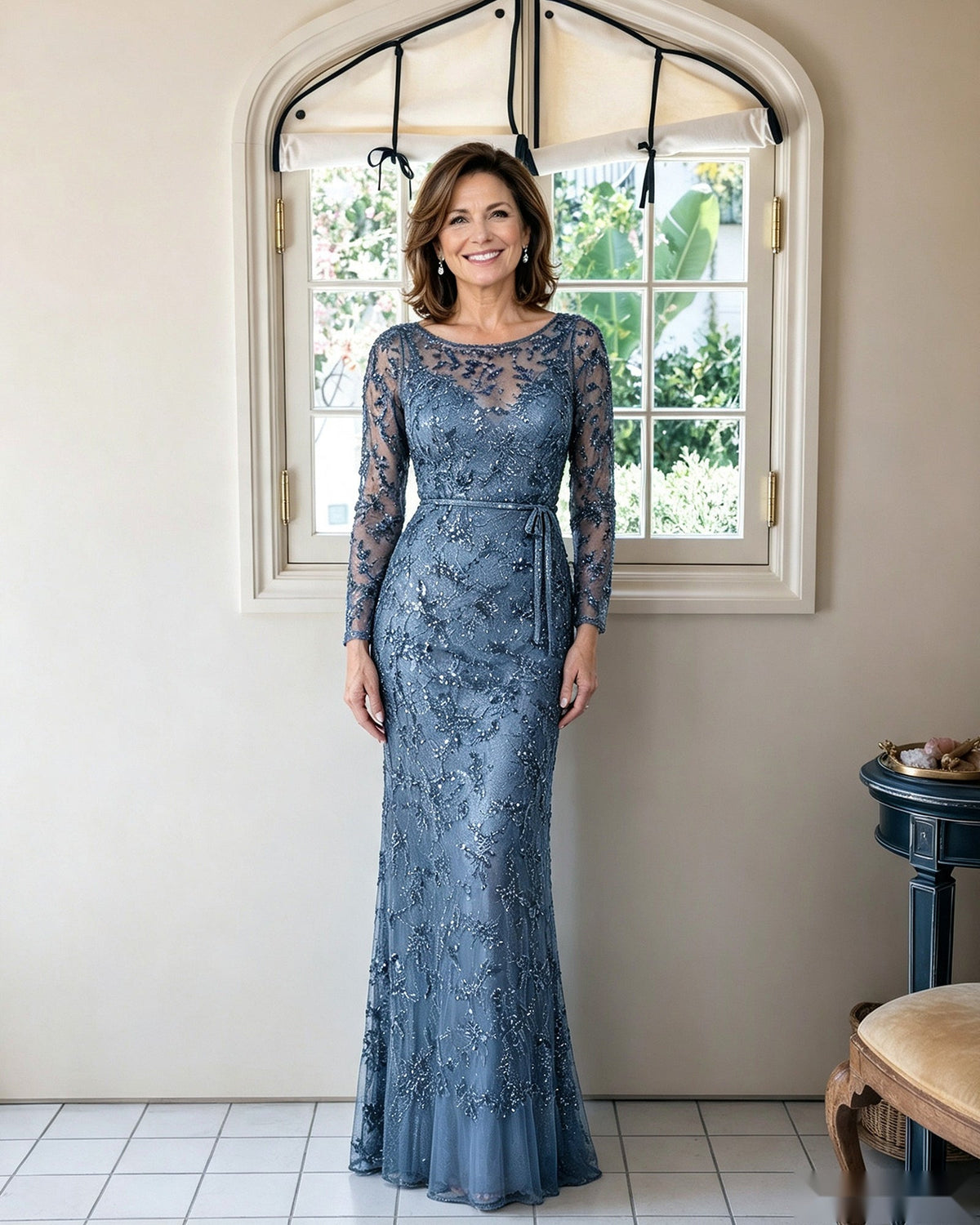 Illusion lace long-sleeve sheath dress, dusty blue, sheer lace yoke detail