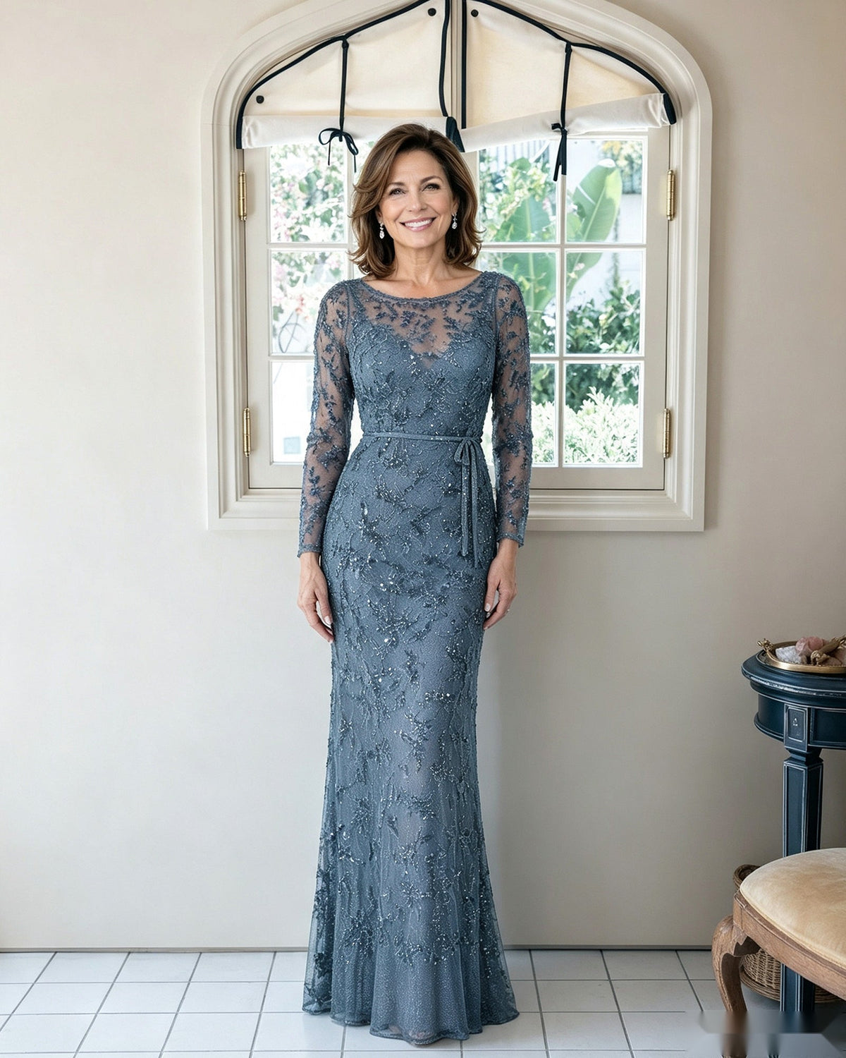 Illusion lace long-sleeve sheath dress, dusty blue, fitted floor-length hem
