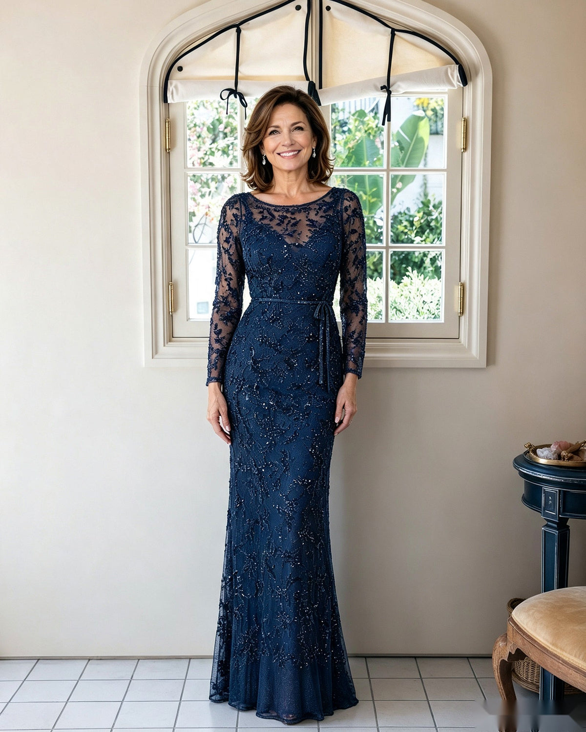 Illusion lace long-sleeve sheath dress, navy blue, illusion neckline and lace sleeves